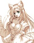  animal_ears breasts cleavage green_eyes hisahiko koma_(srw) large_breasts monochrome multiple_tails solo spot_color super_robot_wars super_robot_wars_og_saga_mugen_no_frontier tail undressing 