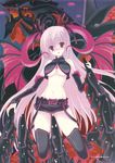  boots breasts crease demon_girl highres horns kokonobi large_breasts midriff navel original red_eyes ribbon scan scan_artifacts shorts silver_hair solo thigh_boots thighhighs underboob 
