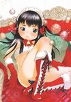 bandeau bell bell_collar black_hair blush boots christmas collar copyright_request couch flat_chest gloves green_eyes hair_ornament hair_ribbon hairband highres inuburo long_hair lying no_panties red_gloves ribbon santa_costume solo strapless tubetop 