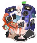  barefoot blue_eyes breasts dj feet glasses headphones large_breasts maid maid_headdress mixing_console open_clothes open_shirt original phonograph pink_hair record shirt solo speaker stereo takagi_(tansuke) tansuke turntable 