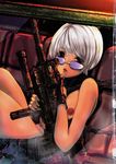  banned_artist breasts gloves ground_vehicle gun jeep linda medium_breasts motor_vehicle nipples short_hair solo sunglasses weapon white_hair 