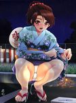  bad_feet blue_kimono blush brown_eyes brown_hair copyright_request crease fan fireworks floral_print highres japanese_clothes kimono nail_polish night panties pantyshot pantyshot_(squatting) paper_fan print_kimono sandals senkou_hanabi solo sparkler squatting sweatdrop uchiwa underwear xetton yukata 