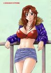  blue_eyes blush breasts cleavage copyright_request covered_nipples highres kuki_hiruko large_breasts midriff nagare_ippon panties pantyshot pencil_skirt red_hair skirt solo underwear 