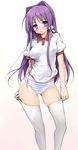  ass_visible_through_thighs blush breasts clannad covered_nipples flying_sweatdrops fujibayashi_kyou gym_uniform hair_intakes hair_ribbon highres holding ishikei long_hair looking_at_viewer medium_breasts panties purple_eyes purple_hair pussy ribbon see-through short_sleeves simple_background solo standing striped striped_panties thighhighs thighhighs_pull third-party_edit underwear very_long_hair white_background white_legwear 