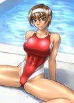 bang-you breasts brown_eyes brown_hair covered_nipples hairband kashiwagi_azusa kizuato large_breasts muscle one-piece_swimsuit shiny shiny_skin short_hair single_vertical_stripe sitting solo spread_legs swimsuit tan wet 