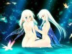  aqua_eyes arm_at_side bangs barefoot blonde_hair blush breasts collarbone copyright_request cupping_hands dark dust eyebrows_visible_through_hair fairy flat_chest glowing groin highres kneeling light_rays long_hair looking_at_hands miniature multiple_girls nature navel nude orange_eyes pointy_ears profile seiza shallow_water sitting small_breasts smile touto_seiro transparent_wings wallpaper white_hair wings 