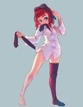  artist_request asymmetrical_clothes barefoot copyright_request no_panties red_hair shirt single_thighhigh socks solo thighhighs white_shirt 