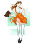  anna_miller copyright_request garter_belt glasses no_panties orange_skirt shinobu_(tyno) skirt solo thighhighs waitress wind wind_lift 