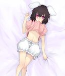  animal_ears bad_id bad_pixiv_id banned_artist bed_sheet black_hair bloomers bow bunny_ears from_above hands harano inaba_tewi lying mouth_hold red_eyes sheet_grab shirt_lift solo tears touhou underwear white_bloomers 