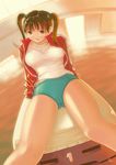 1girl :d arm_support bangs blush breasts brown_hair buruma door doorway double_vertical_stripe dutch_angle ecchi fisheye gym highres indoors jacket kobayashi_yuji large_breasts legs looking_at_viewer mona_riza nagko number open_clothes open_jacket open_mouth orange_eyes original reclining reflection schoolgirl scrunchie shirt signature sitting smile solo spread_legs taut_clothes taut_shirt track_jacket twintails unzipped vaulting_horse window 
