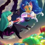  animal_humanoid black_fur blue_hair breasts capcom cat_humanoid chiropteran cloud darkstalkers felicia_(darkstalkers) felid felid_humanoid feline feline_humanoid fight fur gem green_eyes green_hair hair humanoid mammal morrigan_aensland puddingplushiepalace smile succubus super_puzzle_fighter_ii_turbo video_games white_fur 