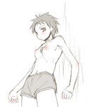  breasts kasuga_misora kasuga_yukihito mahou_sensei_negima! medium_breasts monochrome nipples shorts solo spot_color topless 