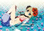  blonde_hair blue_eyes bra cherry_blossoms flower hamamoto_ryuusuke lingerie long_hair lying magi-cu no_panties open_bra open_clothes open_shirt petals shirt skirt skirt_pull solo underwear water wet 