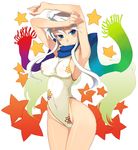  ahoge armpits arms_up blue_eyes blush breasts casual_one-piece_swimsuit covered_nipples curvy kusanagi_tonbo large_breasts long_hair multicolored multicolored_clothes multicolored_scarf navel one-piece_swimsuit original rainbow_order scarf sideboob solo star starry_background swimsuit white_hair wide_hips 