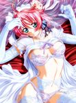  blush breasts choker dress elbow_gloves garter_belt gloves green_eyes ikinari_happy_bell lingerie lying medium_breasts nipple_slip nipples panties red_hair ribbon sakisaka_tsubomi solo thighhighs underwear veil yokota_mamoru 