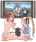  ass bad_id bad_pixiv_id barefoot copyright_request drill_hair feet fighting_game game_console glasses multiple_girls nakamura_tetsuya panties playing playing_games sitting striped striped_panties topless underwear video_game x68000 