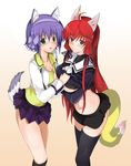  animal_ears arao fox_ears himuro_akari multiple_girls night_wizard school_uniform serafuku shiho_elis shirt_lift tail thighhighs zettai_ryouiki 