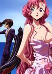  1girl :o absurdres areolae bare_shoulders black_hair blue_eyes blush breasts cleavage code_geass collarbone covered_navel day double_bun dress earrings euphemia_li_britannia highres horizon jewelry kimura_takahiro lelouch_lamperouge long_hair medium_breasts ocean official_art one_breast_out open_mouth out-of-frame_censoring outdoors parted_lips pink_hair profile purple_dress purple_eyes see-through sky strapless undressing very_long_hair water wet wet_clothes wet_dress white_dress 
