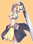  ahoge artist_request breasts brown_hair copyright_request detached_sleeves large_breasts midriff no_bra non-web_source red_eyes short_hair solo sword underboob weapon 