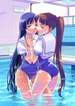  2girls blue_eyes blue_hair brown_eyes brown_hair caustics copyright_request holding_hands indoors interlocked_fingers leg_between_thighs long_hair looking_at_viewer multiple_girls no_pants one-piece_swimsuit ponytail pool refraction ripples school_swimsuit school_uniform starting_block swimsuit swimsuit_under_clothes very_long_hair yuri 