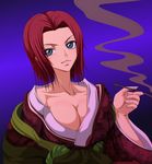  blue_eyes breasts cleavage code_geass japanese_clothes kallen_stadtfeld kimono large_breasts madhatter_hello red_hair short_hair smoking solo 