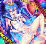  1girl armpits ass_visible_through_thighs bangs bare_shoulders barefoot blue_hair blush bombergirl breasts brown_eyes commentary_request covered_nipples drill_hair eyebrows_visible_through_hair fangs feet hair_between_eyes heart heart-shaped_pupils lewisia_aquablue long_hair looking_at_viewer navel open_mouth pointy_ears pubic_tattoo ribbon shiny shiny_hair shiny_skin small_breasts smile solo spread_legs symbol-shaped_pupils tattoo tongue tongue_out toraishi_666 torn_clothes twin_drills twintails very_long_hair 