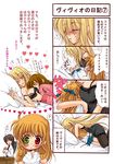  4koma blonde_hair breast_grab breast_rest breasts breasts_on_head comic fate_testarossa grabbing heterochromia hina_sasaki lyrical_nanoha mahou_shoujo_lyrical_nanoha_strikers medium_breasts multiple_girls pantyhose takamachi_nanoha translated vivio yagami_hayate yuri 