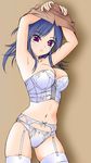  artist_request blue_hair breasts bustier cleavage copyright_request garter_belt highres lace large_breasts lingerie panties purple_eyes solo thighhighs underwear undressing 