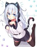  animal_band_legwear black_legwear blue_eyes cat_band_legwear cat_ear_headphones cat_tail headphones hibiki_(kantai_collection) highres kantai_collection long_hair long_sleeves looking_at_viewer paw_pose paw_print reitou_mikan school_uniform serafuku tail thighhighs verniy_(kantai_collection) white_background white_hair zettai_ryouiki 