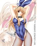  animal_ears arms_up ass_visible_through_thighs blonde_hair blue_leotard breasts bunny_ears bunnysuit cleavage cowboy_shot detached_collar eyebrows_visible_through_hair fake_animal_ears fishnet_pantyhose fishnets highleg highleg_leotard large_breasts leotard long_hair one_eye_closed original pantyhose side-tie_leotard smile solo tomoya_kankurou watermark web_address wrist_cuffs zoom_layer 