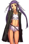  coat gakuran midriff original purple_eyes purple_hair sakamoto_mineji sarashi school_uniform solo twintails 