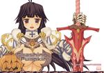  armor black_hair blush bonza breasts cleavage fantasy gauntlets happy large_breasts long_hair open_mouth original pumpkin red_eyes smile solo sword weapon 