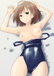 armpits bad_id bad_pixiv_id breasts brown_eyes brown_hair copyright_request covered_navel kakifly lying medium_breasts nipples one-piece_swimsuit school_swimsuit smile solo swimsuit swimsuit_pull 