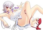  armpits barefoot breasts cleavage feet high_heels huge_breasts kure_masahiro lying red_eyes sandals shoe_dangle shoes silver_hair soles solo tsubomi_fujiko zettai_karen_children 