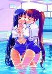  2girls blue_eyes blue_hair caustics holding_hands indoors interlocked_fingers leg_between_thighs long_hair looking_at_viewer looking_back multiple_girls no_pants one-piece_swimsuit original ponytail pool refraction ripples school_uniform serafuku starting_block swimsuit swimsuit_under_clothes very_long_hair wading water yuri 