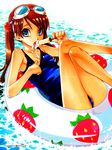  blue_eyes brown_hair copyright_request food food_print food_themed_hair_ornament fruit goggles hair_ornament highres innertube legs licking melting one-piece_swimsuit popsicle sakuraniku_umatarou scan scan_artifacts school_swimsuit sexually_suggestive solo strawberry strawberry_hair_ornament strawberry_print swimsuit twintails water 