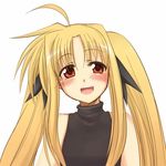  ahoge bare_shoulders blonde_hair blush bow face fate_testarossa hair_bow long_hair lowres lyrical_nanoha mahou_shoujo_lyrical_nanoha mahou_shoujo_lyrical_nanoha_a's mahou_shoujo_lyrical_nanoha_strikers red_eyes simple_background solo twintails white_background yuzun 