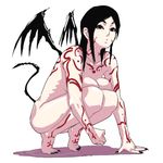  arm_support barefoot black_hair black_nails demon demon_girl knees_to_chest lowres nail_polish nude original solo squatting tail tattoo usatarou wings 