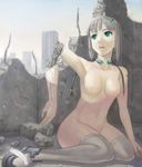  android breasts damaged feathers green_eyes itou_(onsoku_tassha) kneeling medium_breasts nude original parts_exposed ruins short_hair solo thighhighs white_hair 
