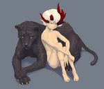  animal barefoot black_panther copyright_request horns leg_hug mochisuna nude panther short_hair sitting solo white_hair 