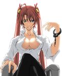  ahoge bell blue_eyes breasts cleavage crossed_legs cuffs green_eyes hair_bell hair_ornament handcuffs heterochromia imizu_(nitro_unknown) kagurazaka_asuna large_breasts long_hair mahou_sensei_negima! no_bra older open_clothes open_shirt pantyhose pink_hair shirt sitting sleeves_pushed_up smirk solo twintails very_long_hair white_shirt 