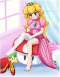  1up adjusting_clothes adjusting_legwear asymmetrical_clothes barefoot dress dressing feet high_heels long_hair mario_(series) panties pantyshot pink_dress princess_peach shoes sigurd_hosenfeld single_thighhigh sitting solo starman_(mario) super_mario_bros. super_mushroom thighhighs underwear |_| 