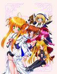  :d ahoge arisa_bannings beret black_dress black_legwear blonde_hair bow bowtie dress fate_testarossa green_eyes hat long_hair long_sleeves looking_at_viewer lyrical_nanoha mahou_shoujo_lyrical_nanoha mahou_shoujo_lyrical_nanoha_a's multiple_girls open_mouth pink_hair red_bow red_eyes red_neckwear schwertkreuz sidelocks sitting smile tachibana_tou takamachi_nanoha thighhighs tome_of_the_night_sky uniform very_long_hair vita white_dress yagami_hayate yokozuwari 