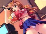  adachi_honami akazawa_red bra braid breasts brown_hair dutch_angle game_cg hair_ribbon karaoke large_breasts lingerie long_hair microphone midriff music navel nyante_chaton open_mouth panties pantyshot pantyshot_(standing) purple_eyes ribbon shikei singing skirt solo standing underwear upskirt 