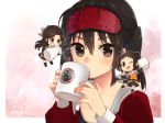  3girls alternate_costume antenna_hair bangs blush bow brown_eyes brown_hair chibi closed_mouth coffee coffee_mug commentary_request cup detached_sleeves double_bun drinking elbow_gloves eyebrows_visible_through_hair gloves hair_between_eyes hair_bow hair_intakes hair_ornament half_updo holding jintsuu_(kantai_collection) kantai_collection koruri long_hair long_sleeves looking_at_viewer mug multiple_girls naka_(kantai_collection) one_eye_closed open_mouth ponytail school_uniform sendai_(kantai_collection) serafuku simple_background sleep_mask smile sugar_cube thighhighs 