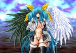  asymmetrical_wings blue_hair bow breasts cleavage detached_sleeves dizzy guilty_gear hair_bow huge_breasts lingerie long_hair nipples red_eyes ribbon shujin solo tail thighhighs twintails underwear wings 
