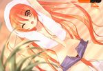  absurdres bee-be-beat_it! brown_eyes hachie highres itou_noiji long_hair midriff no_bra one_eye_closed open_fly open_mouth orange_hair red_eyes red_hair shorts solo towel unzipped very_long_hair wet zipper 