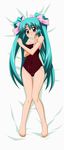  absurdres alternate_color_school_swimsuit blush cameltoe canal_vorfeed competition_school_swimsuit dakimakura full_body green_hair highres lost_universe lying one-piece_swimsuit purple_eyes red_swimsuit ribbon school_swimsuit solo sugimura_tomokazu swimsuit undressing 