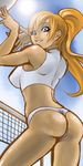  arched_back ass beach_volleyball blue_eyes copyright_request day from_behind from_below grin looking_back naphy orange_hair panties ponytail sky smile solo sun thong underwear volleyball 