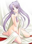  artist_request bed_sheet breasts copyright_request kneeling long_hair medium_breasts naked_sheet nude purple_eyes purple_hair solo 